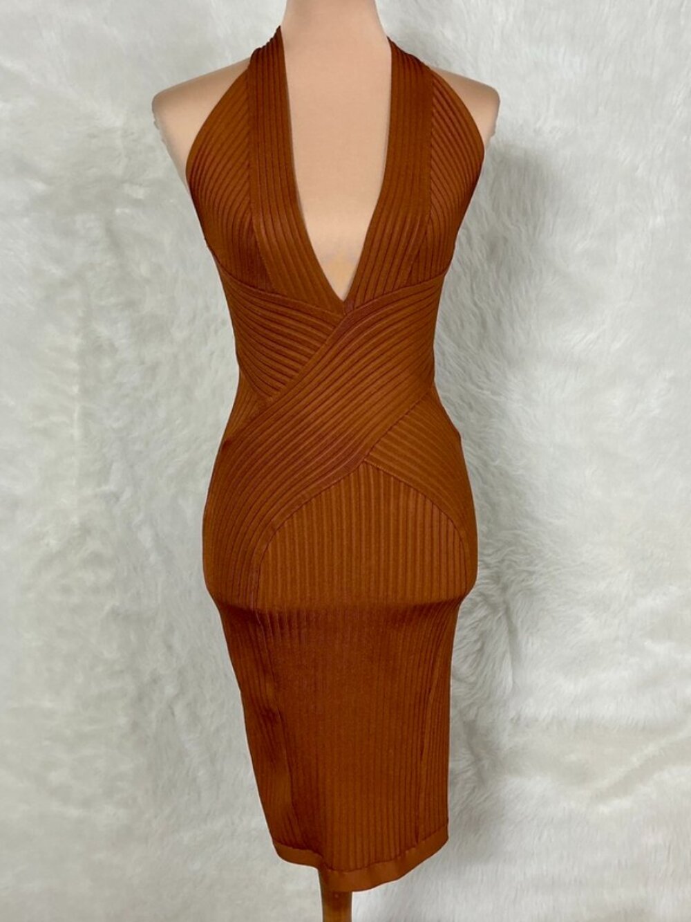 House of CB Toffee Brown Plunge Bandage Wrap Vivienne Dress Bodycon S
